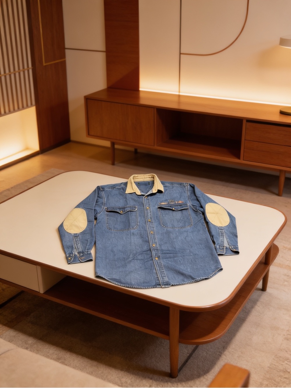 Orvis Denim Button-Up Jacket with Beige Collar and Elbow Patches